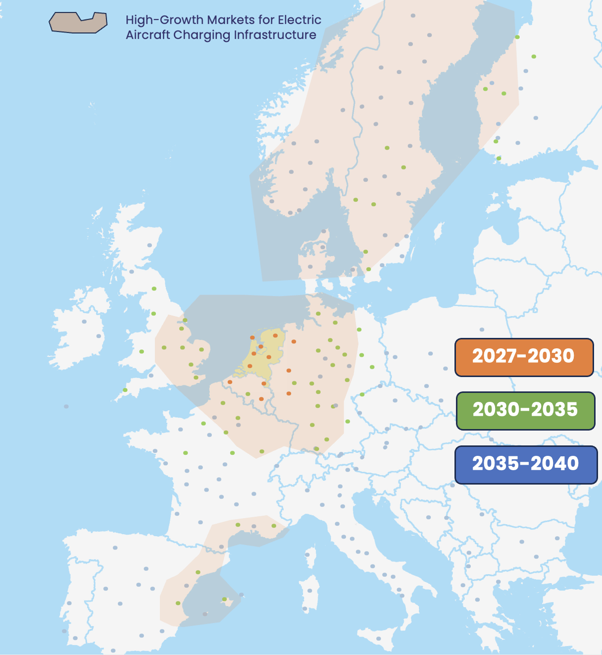 Map showing NRG2fly's phased European expansion from 2025 to 2032